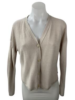 Theory Women's Beige Linen Knit Long Sleeve V Neck Button Up Cardigan Sweater M